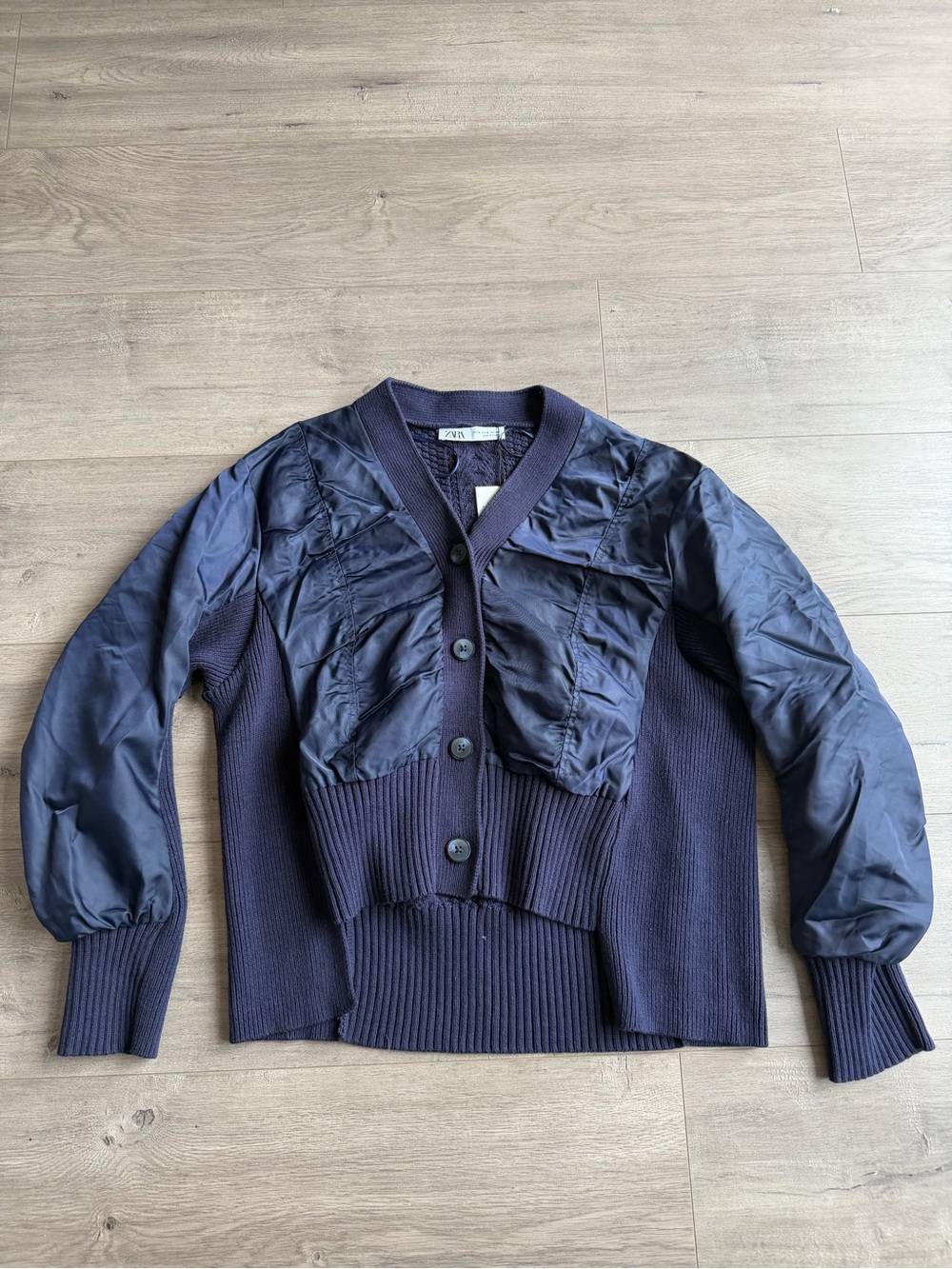 NWT Zara Navy Mixed-Media Button-Up Cardigan - size medium